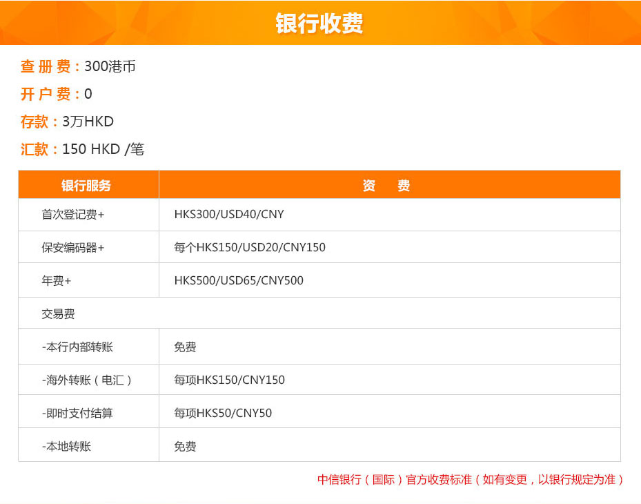 中信銀行(國際)銀行收費(fèi) 中信銀行(國際)銀行收費(fèi)